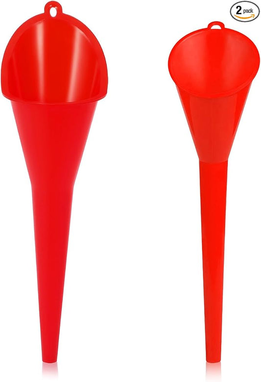 2 PCS Oil Funnel, Multi-Purpose Plastic Long Neck Oil Funnel, Automotive Use Funnels for Filling Oils Lubricants Water Diesel, Kitchen Funnels for Filling Bottles Jars (Red, L+S)