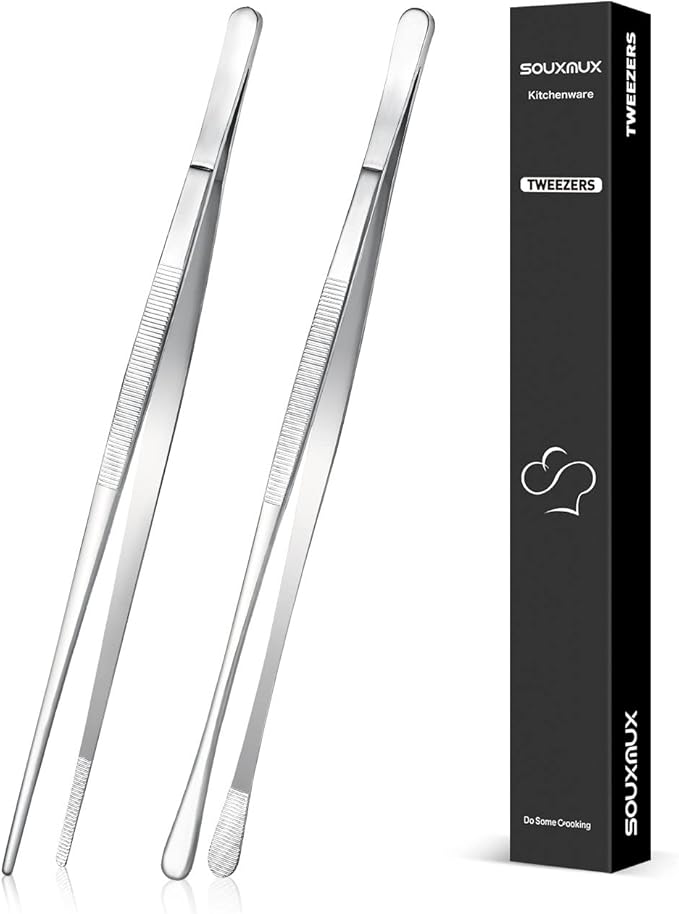 2 Pcs 10-inch Cooking Tweezers Tongs Precision Serrated Tips, Stainless Steel Professional Chef Tweezer Kitchen Tools for BBQ, Plating and Serving (Silver) by SOUXMUX