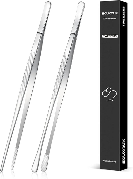 2 Pcs 10-inch Cooking Tweezers Tongs Precision Serrated Tips, Stainless Steel Professional Chef Tweezer Kitchen Tools for BBQ, Plating and Serving (Silver) by SOUXMUX