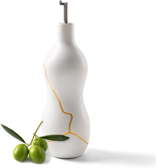 BosilunLife Ceramic Olive Oil Dispenser Bottle, 22 Oz Oil Cruet with Elegant Gold Accent & Curved Ergonomic Design, Non‑Drip Vinegar Bottle for Kitchen & Dining, White