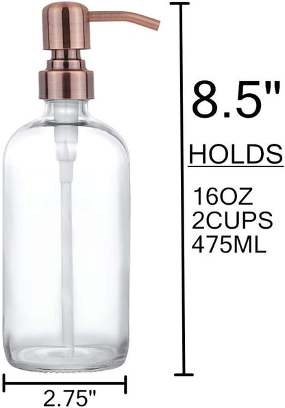 2 Pack Thick Clear Glass Pint Jar Soap Dispenser with Copper Stainless Steel Pump, 16ounce Clear Boston Round Bottles Dispenser with Rustproof Pump for Essential Oil, Lotions Soap