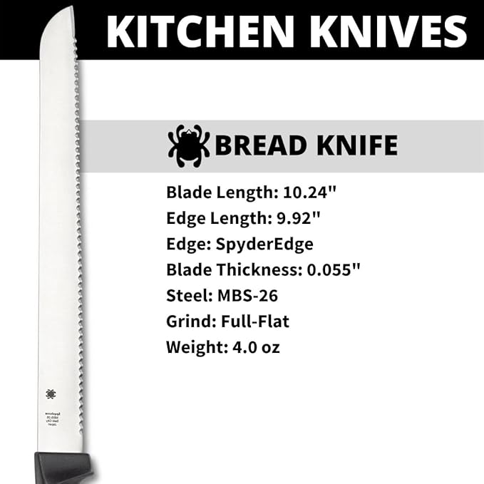 Spyderco Lightweight Kitchen Bread Knife with 10.25" MBS-26 Stainless Steel Blade and Black Polypropylene Handle - SpyderEdge - K01SBK