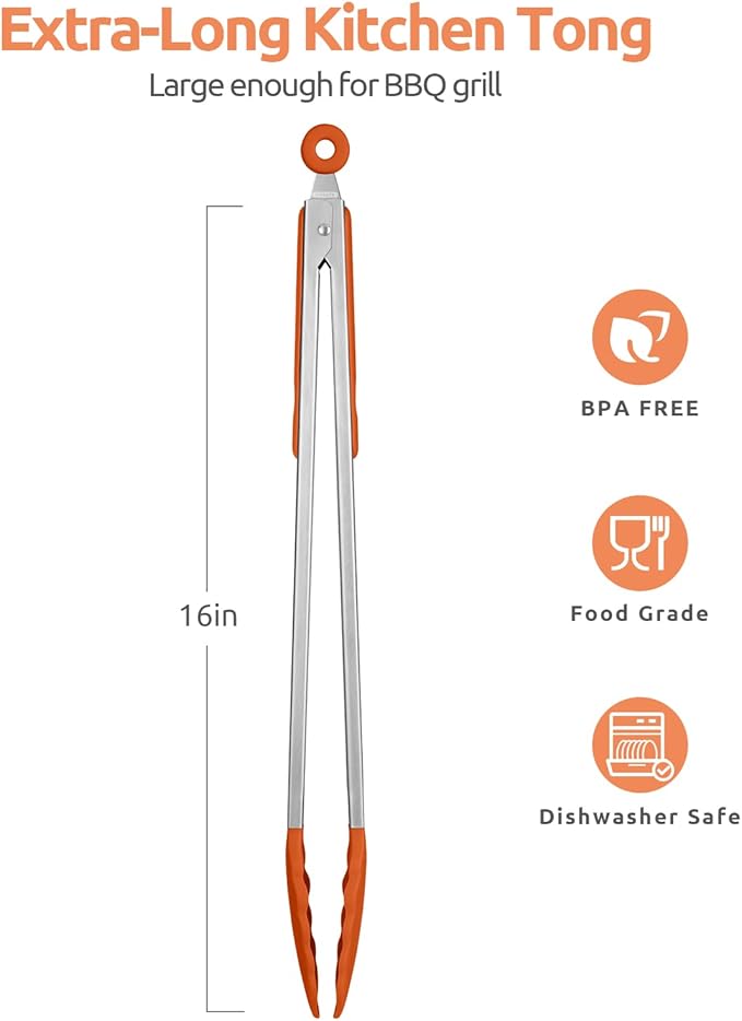 600ºF Heat Resistant Kitchen Tongs: U-Taste 16 inch Extra Long Large Silicone Cooking Tong with Sturdy Non Stick Rubber Tips & Non Slip Silicon Coated 18/8 Stainless Steel Handle for Grill BBQ(Orange) - Image 2