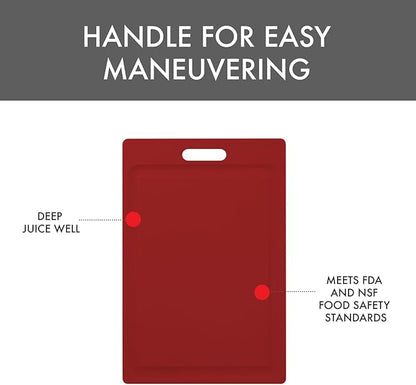 Dexas NSF Certified Polysafe Cutting Board with Handle and Juice Well, 12 x 18 inches, Reversible Kitchen Cutting Board, Red