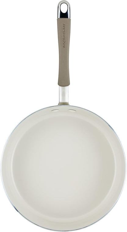 Rachael Ray Cucina Ceramic Nonstick Saute Pan with Lid, 3 Quart Non Stick Sauteuse Pan, Dishwasher Safe - Almond