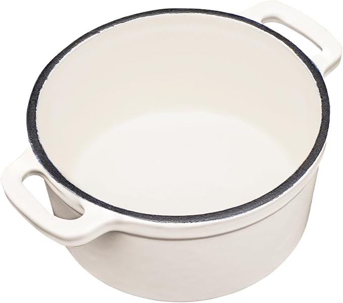 Flavehc Mini Cocotte 16 oz Mini Dutch Oven 0.5 qt. Cast Iron Garlic Roaster for Oven Garlic Confit Pot Ramekins with Lids Oven Safe Set of 2, White