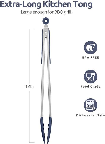 600ºF Heat Resistant Kitchen Tongs: U-Taste 16 in Extra Long Large Silicone Cooking Tong with Non Stick Rubber Tips & Non Slip Silicon Coated 18/8 Stainless Steel Handle for Grill BBQ (Midnight Blue) - Image 2