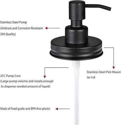 Amolliar Mason Jar Liquid Soap Dispenser Lid, Rust Proof Stainless Steel, Cute Farmhouse Decor for Kitchen, Bathroom, Bath, Refill Liquid Soap Pump for Hand Soap, Dish Soap, Lotion Soap, Black 1 Pack