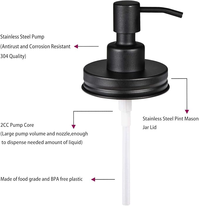 Amolliar Mason Jar Liquid Soap Dispenser Pump Lid, Stainless Steel Pump for 16oz Regular Mouth Jar, Rustic Farmhouse Decor, Kitchen Hand Soap, Dish Soap, Lotion Soap, Black 4 Pack, Extra 2 Long Tubes