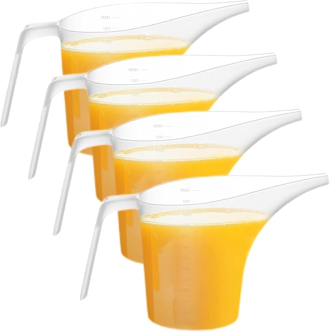 4 Pack Plastic Funnel Pitcher,Measuring Cup with Long Spout,Large Capacity Easy Pour Cup,Perfect for Bakeware Mold,Oils,Watering Plants(1000ml) by Woozettn