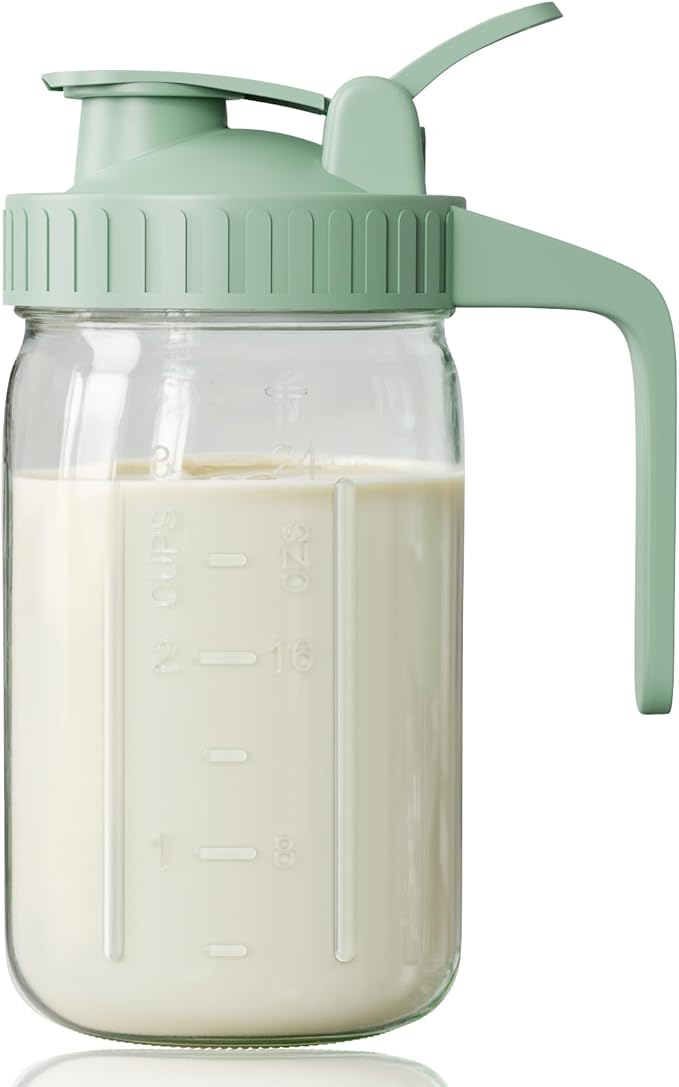 Breast Milk Pitcher, Mason Jar 32 oz, Heavy Duty Wide Mouth Jar with Green Flip Cap Lid and Pour Spout, Airtight Seal for Freshness and Convenience, Great for Cold Beverages and Home Entertaining by OneDream