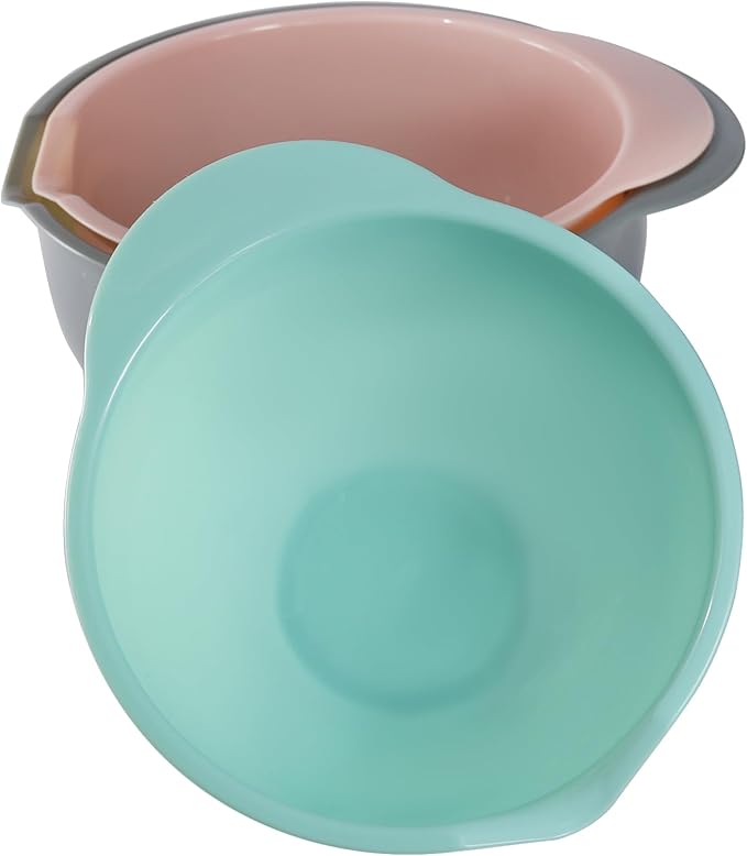 Set of 3 Mixing Bowls with Pour Spout-Nesting Design Saves Space - Non-Slip, BPA Free, Dishwasher Safe Plastic - Kitchen Cooking and Baking Supplies (Green Pink Grey) - Image 9