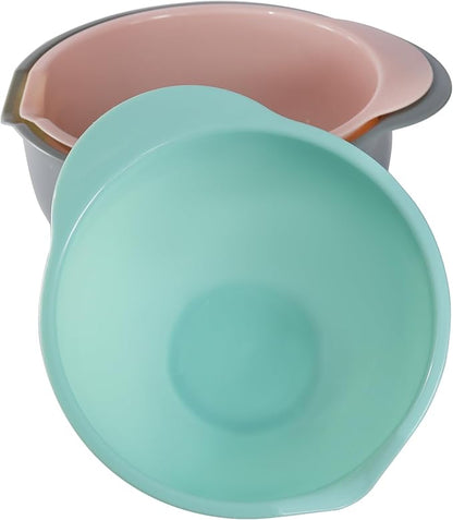 Set of 3 Mixing Bowls with Pour Spout-Nesting Design Saves Space - Non-Slip, BPA Free, Dishwasher Safe Plastic - Kitchen Cooking and Baking Supplies (Green Pink Grey) - Image 9