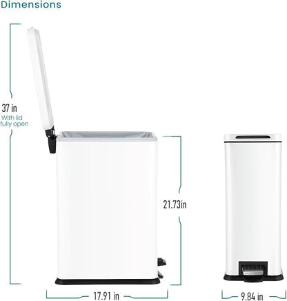 Home Zone Living 8 Gallon Slim Kitchen Trash Can with Soft Close Lid, Step Pedal, Bag Tuck Band, and Removable Liner, Stainless Steel, Matte White, 30 Liters