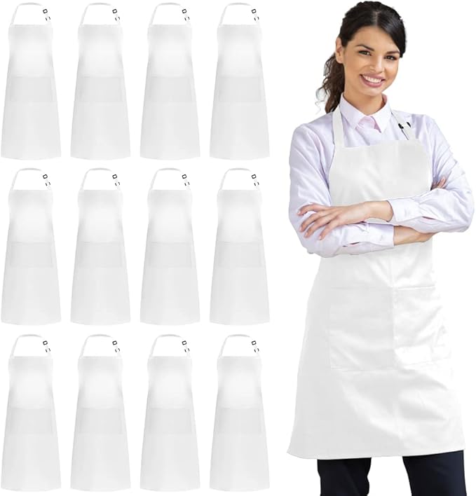Syntus 12 Pack Bib Apron, Unisex Aprons Adjustable Waterdrop Resistant with 2 Pockets Cooking Kitchen Apron for Chef, BBQ Drawing Apron Bulk, White by Syntus