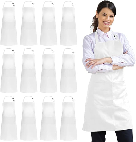 Syntus 12 Pack Bib Apron, Unisex Aprons Adjustable Waterdrop Resistant with 2 Pockets Cooking Kitchen Apron for Chef, BBQ Drawing Apron Bulk, White by Syntus