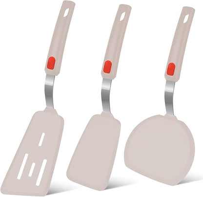 Beijiyi Silicone Spatula Turner Set of 3, 600°F Heat Resistant Nonstick Turner Spatulas for Kitchen Use, Large Flexible Silicone Cooking Utensils Rubber Spatula Set for Egg, Pancake, Fish (Khaki) by Beijiyi