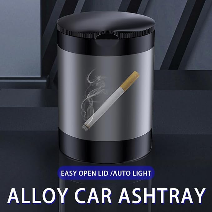 Ashtray with Lid,Smokeless Ashtray for Cup Holder Smell Proof,Detachable Stainless Steel Car Ash Tray with LED Auto Light, for Most Car, Office, Home (Grey)