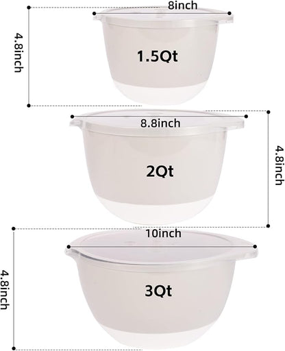 3 Plastic Mixing Bowls with Lids,Pour Spout,4.8in Deep Baking Mixing Bowl Set with TPR Bottom Non Slip,Kitchen Nesting Batter Bowls for Mixing,Prep Food,Dishwasher Safe,3Qt,2Qt,1.5Qt,Gray