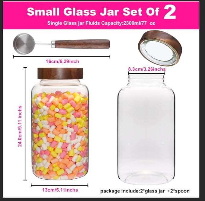 Glass Coffee Jars Spice Jar Round Storage Canister with Wooden Lid Clear Glass Food Jar for Pantry Sugar Tea Coffee Bean Spice Nuts Cookies Bath Salts (2300ml/77oz-2PACK(with spoon) - Image 2