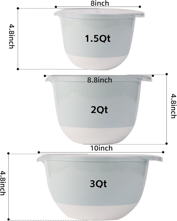 3 Plastic Mixing Bowls with Lids,Pour Spout,TPR Bottom,Mixing Bowl Set,Deep Nesting Small Batter Bowl for Serving,Prep,Baking,Non Slip,Dishwasher Safe,Easy to Grip/Spout,Pale Blue