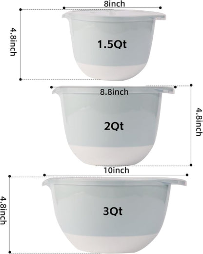3 Plastic Mixing Bowls with Lids,Pour Spout,TPR Bottom,Mixing Bowl Set,Deep Nesting Small Batter Bowl for Serving,Prep,Baking,Non Slip,Dishwasher Safe,Easy to Grip/Spout,Pale Blue