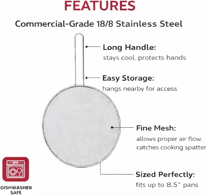HIC Kitchen Splatter Screen, 18/8 Stainless Steel with Fine Mesh, 9-Inch, Fits Up To 8.5-Inch Pans - Image 4