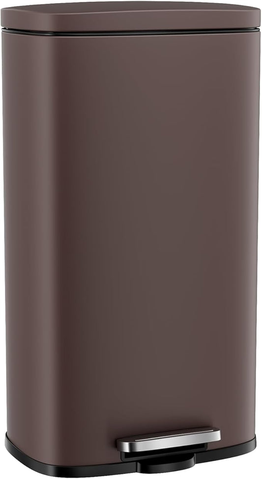 Arlopu 8 Gallon Step Trash Can, Stainless Steel Garbage Bin, Soft-Close Rubbish Bin with Removable Plastic Inner Bucket, Fingerprint-Proof, Lid Dustbin, Suit for Kitchen Home (Brown, 30L)