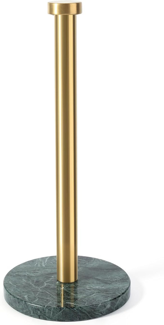 Koville Paper Towel Holder Countertop, Standing Paper Roll Holder with 6" Weighted Marble Base, Stone Paper Towel Holder with Gold Stainless Steel Rod for Kitchen Bathroom (Green)