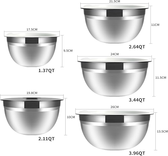 Mixing Bowls, 5Pcs Stainless Steel Mixing Bowl Set, Utensils for the Kitchen, Multifunctional, Stackable, Dishwasher Safe, 3.75L / 3.25L / 2.5L / 2L / 1.3L (With lid) - Image 2