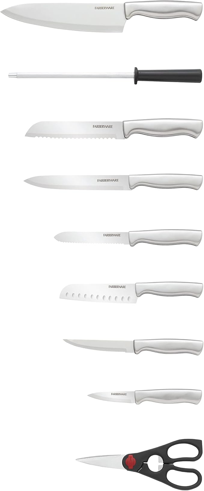 Farberware 15-Piece Kitchen Knife Set, High-Carbon Stainless Steel Blades with Wood Block, Steak Knives, Sharpening Tool & All-Purpose Shears, Razor Sharp, Ergonomic Stainless Steel Handles - Image 6