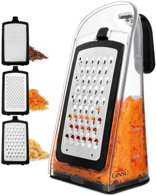 GINSU Plastic 3-in-1 Ergonomic Grater – 5x4x8in Multifunctional Cheese, Vegetable & Fruit Grater with Non-Slip Base and Comfortable Handle for Easy Kitchen Prep by GINSU