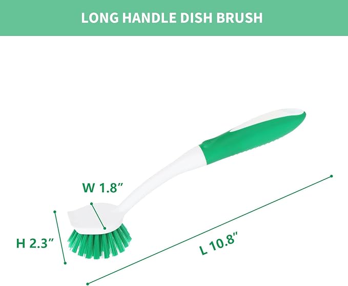 Dish Brush with Handle, 2 Pack Scrub Brushes with Built-in Scraper for Cleaning Kitchen, Pots, Pans and Sink, Scrubber Washing Tools, Green - Image 7