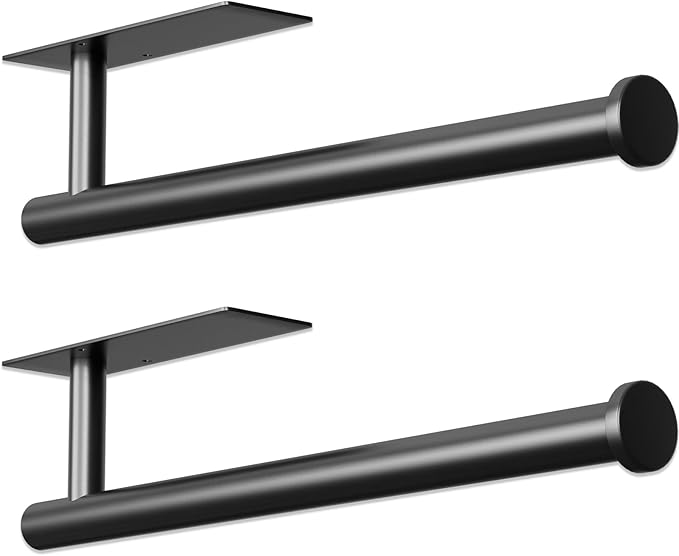 2 Pack Paper Towel Holder, Improved Paper Towel Holder Under Cabinet, Stainless Steel Paper Towel Holders Bar Rack with Self Adhesive and Screws for Kitchen, Bathroom, RV, Black by Unknown