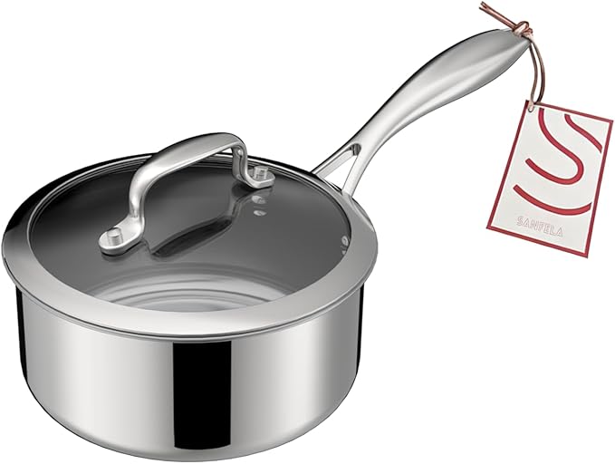 1.3 Quart Stainless Steel Saucepan with Glass Lid, 5 Ply Stainless Clad Construction, Suitable for All Cooktops, PTFE, PFAS and PFOA Free