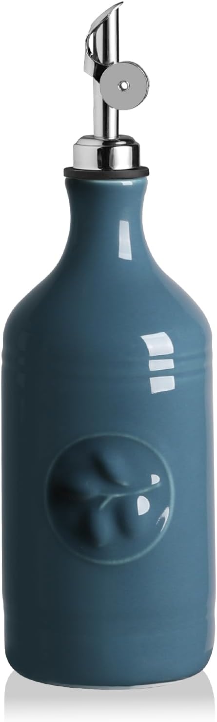 Sweejar 16 Oz Ceramic Olive Oil Dispenser Bottle, Oil Dispenser for Kitchen with Gravity Spout, Relief Opaque Vinegar Container for Evoo, Soy Sauce, 1 Pack(Fog Blue, Silver Spout) by Sweejarco1949