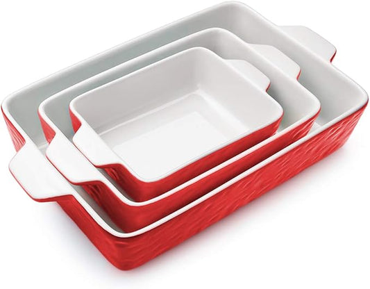 Casserole Dishes for Oven, Ceramic Baking Dishes, Lasagna Pan with Handles, Porcelain Baking Pan Deep, Bakeware for Baking, Cooking, Wedding Gift, Set of 3 (11.6" x 7.8", Red) by Krokori