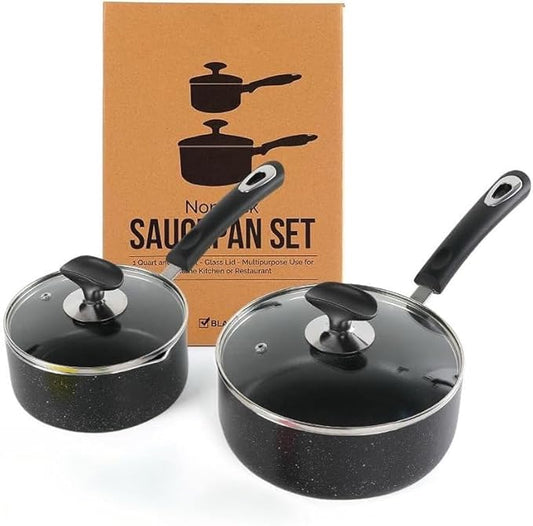 Nonstick Saucepan Set - 1 Quart and 2 Quart,Ultra Non Stick Sauce Pan Small Pot with Glass Lid,Great for Home Kitchen Restaurant,Black by RATWIA