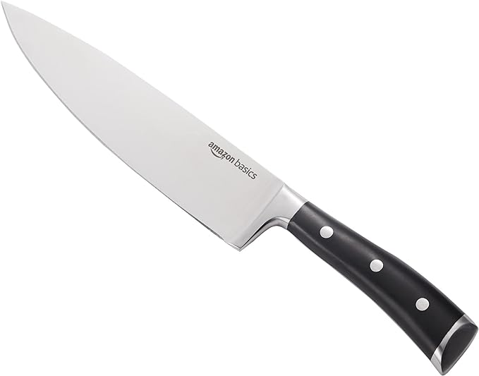 Amazon Basics Classic 8-inch Full Tang High Carbon Stainless Steel Chef's Knife, Multipurpose Kitchen Knife with Three Rivets, Silver by AmazonBasics