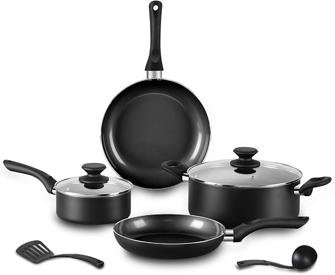 BECIGAR 8pcs Black Ceramic Pots and Pans Set, Cooking Pan Set,Cooking Pot Set Ceramic Pan Set, Nonstick Cookware Set, Induction Safe Kitchen Cooking Set with Frying Pans, Saucepans, shovel and Ladle by BecigarCookware