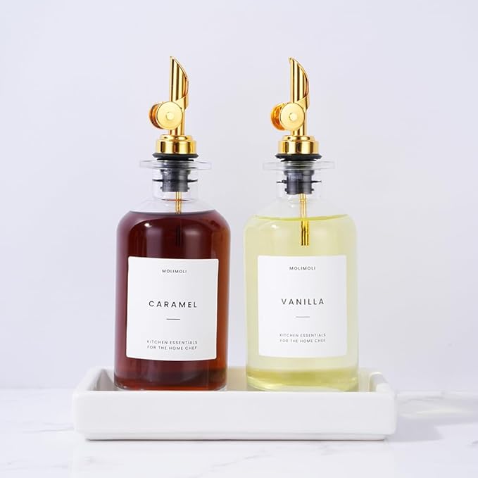 Molimoli Olive Oil Dispenser Bottle for Kitchen, Coffee Syrup Dispenser w. Weighted Pourer, Glass Bottle Dispenser for Kitchen with Ceramic Tray | Gold, 350ml, Set of 2 by MoliMoli