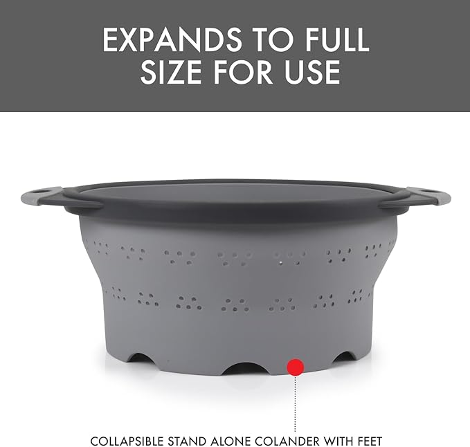 Dexas 10" Collapsible Silicone Colander in Cool Grey, Kitchen Strainer with Handles, 15.1 Cup Capacity | BPA-Free, Heat-Resistant, Space-Saving Kitchen Tool - Image 5