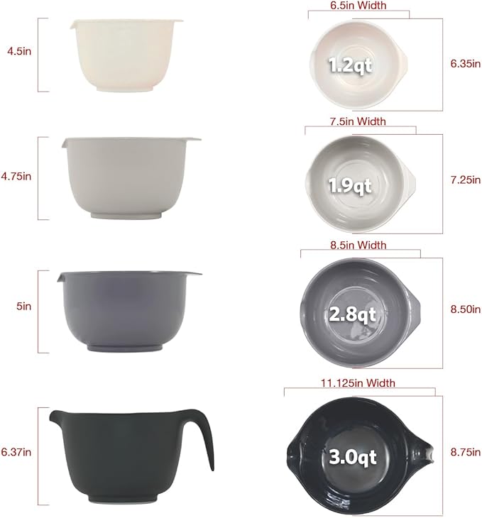 Glad Mixing Bowls with Pour Spout, Set of 4 - Nesting Plastic Bowls (1.2qt, 1.9qt, 2.8qt, and 3qt with Handle) - Non Slip Base, Dishwasher Safe Kitchen Cooking and Baking Supplies, Grey - Image 5