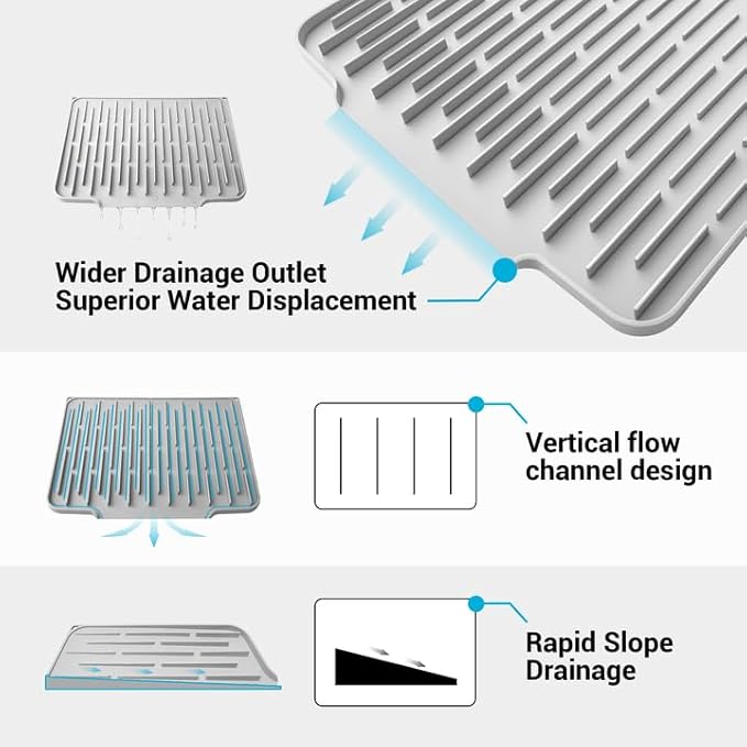 Foldable Silicone Dish Drying Mat for Kitchen Counter & Sink - Quick Dry, Space Saving, Non-Slip Pad for Small Apartments & Coffee Bar Light Grey