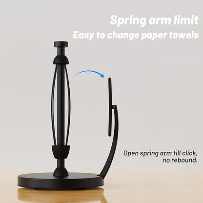 VEHHE Paper Towel Holder Countertop, Black Paper Towel Holder with Spring Activated Arm and Damping Effect, Simply Tear Paper Towel Stand for Bathroom and Kitchen (Black) - Image 5