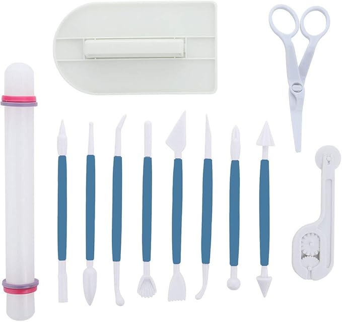 ScivoKaval Marshmallow Fondant Cake Decorating Hand Tool 12 Pcs 5 Sets Sugarcraft Gumpaste Icing Smoother Rolling Pin Trimmer Cutter Embosser Flower Scissor Modelling Accessories Supplies Kit Blue by ScivoKaval