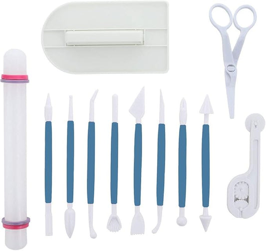 ScivoKaval Marshmallow Fondant Cake Decorating Hand Tool 12 Pcs 5 Sets Sugarcraft Gumpaste Icing Smoother Rolling Pin Trimmer Cutter Embosser Flower Scissor Modelling Accessories Supplies Kit Blue by ScivoKaval