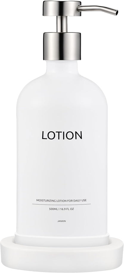 Glass Soap Dispenser Bathroom Set by Janxin, Foaming Kitchen soap Dispenser with Ceramic Tray for Dish Soap, Liquid Soap Dispenser for Hand Soap, Lotion, Body Wash (White+Silver)