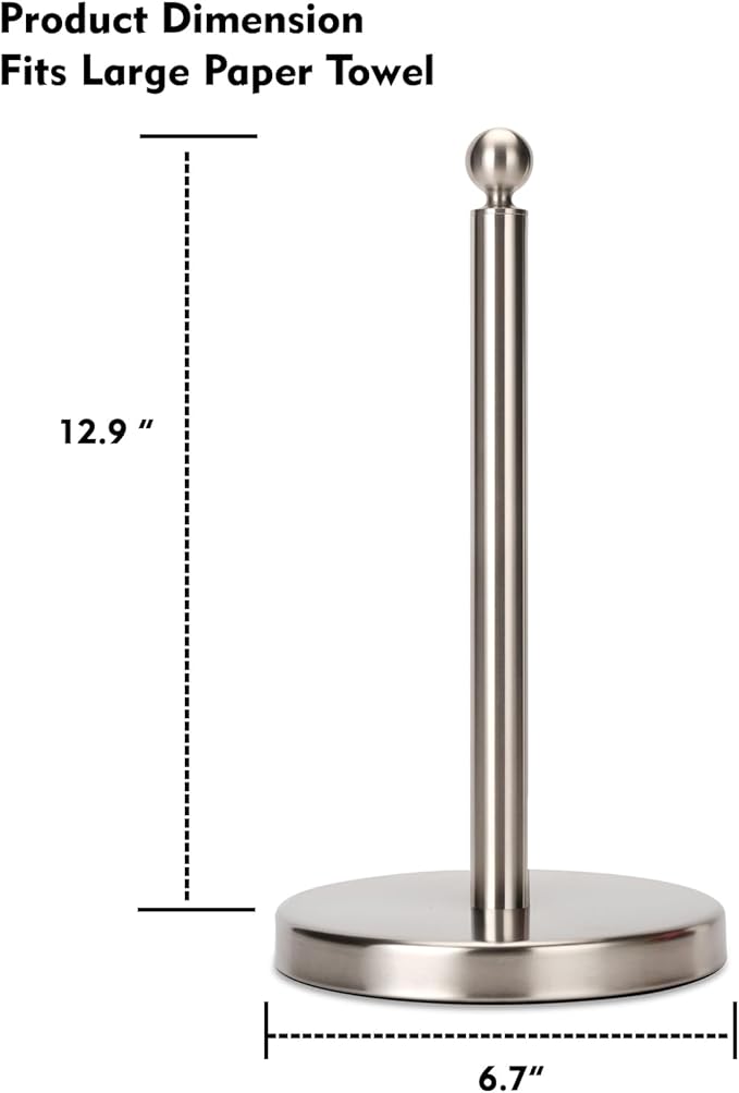 Kalitro Paper Towel Holder Countertop, Standing Paper Towel Roll Holder for Kitchen Bathroom, with Weighted Base for One-Handed Operation (Stainless Steel Base, Brushed Nickel) - Image 4