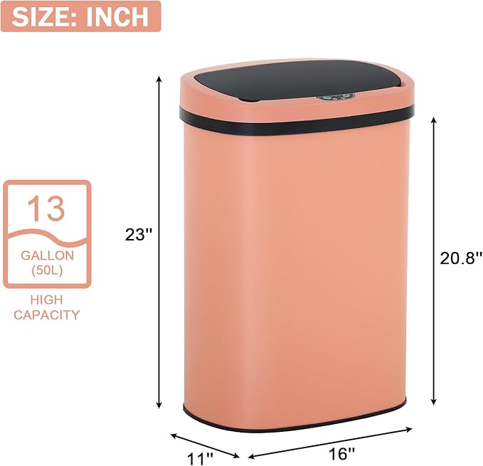 Bigacc 13 Gallon Stainless Steel Trash Can Automatic Trash Can Garbage Can Bathroom Garbage Can with Lid for Kitchen Living Room Office Bathroom, Electronic Motion Sensor Automatic, Pink - Image 2